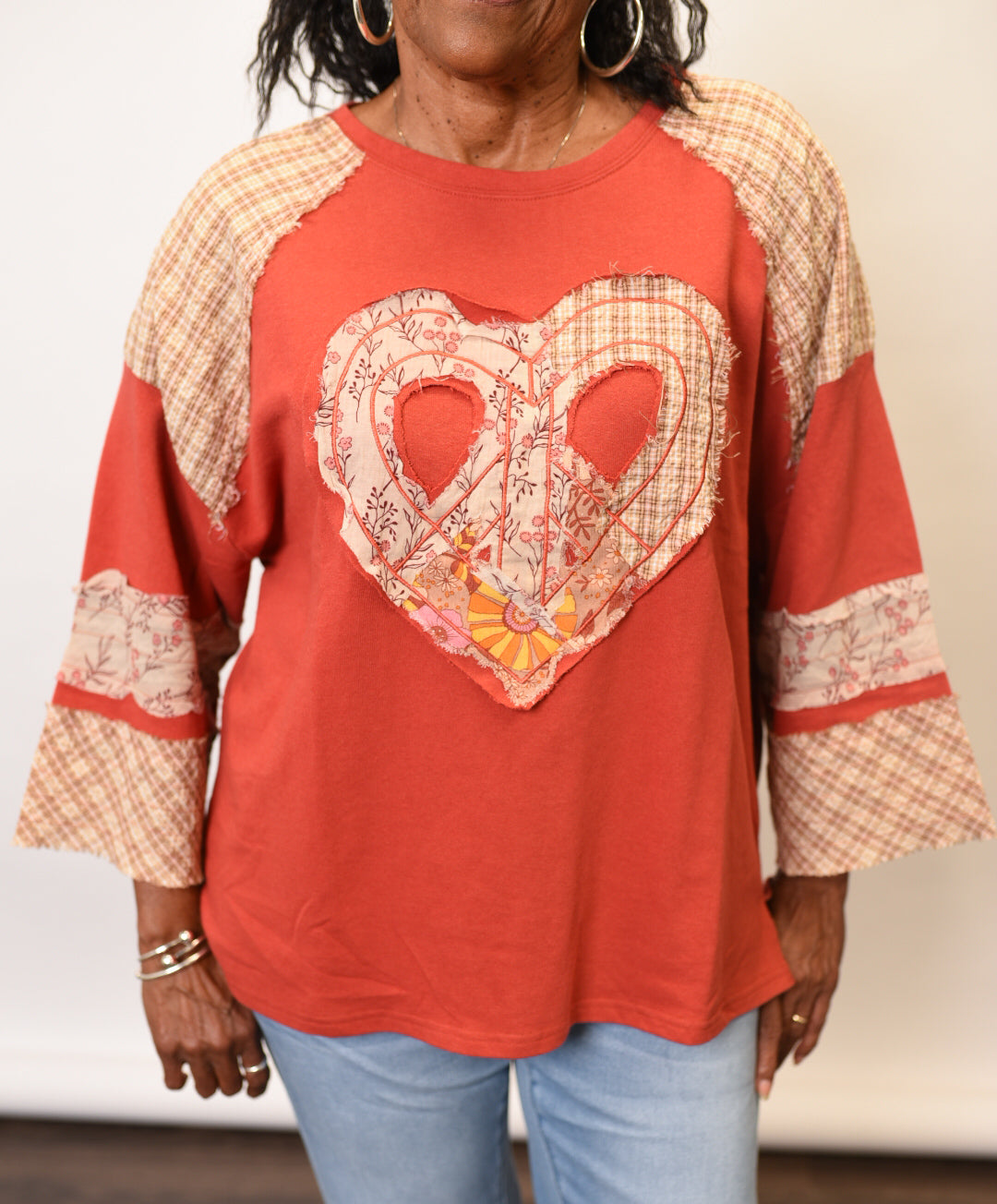 Heart Patch Pullover Top in Red