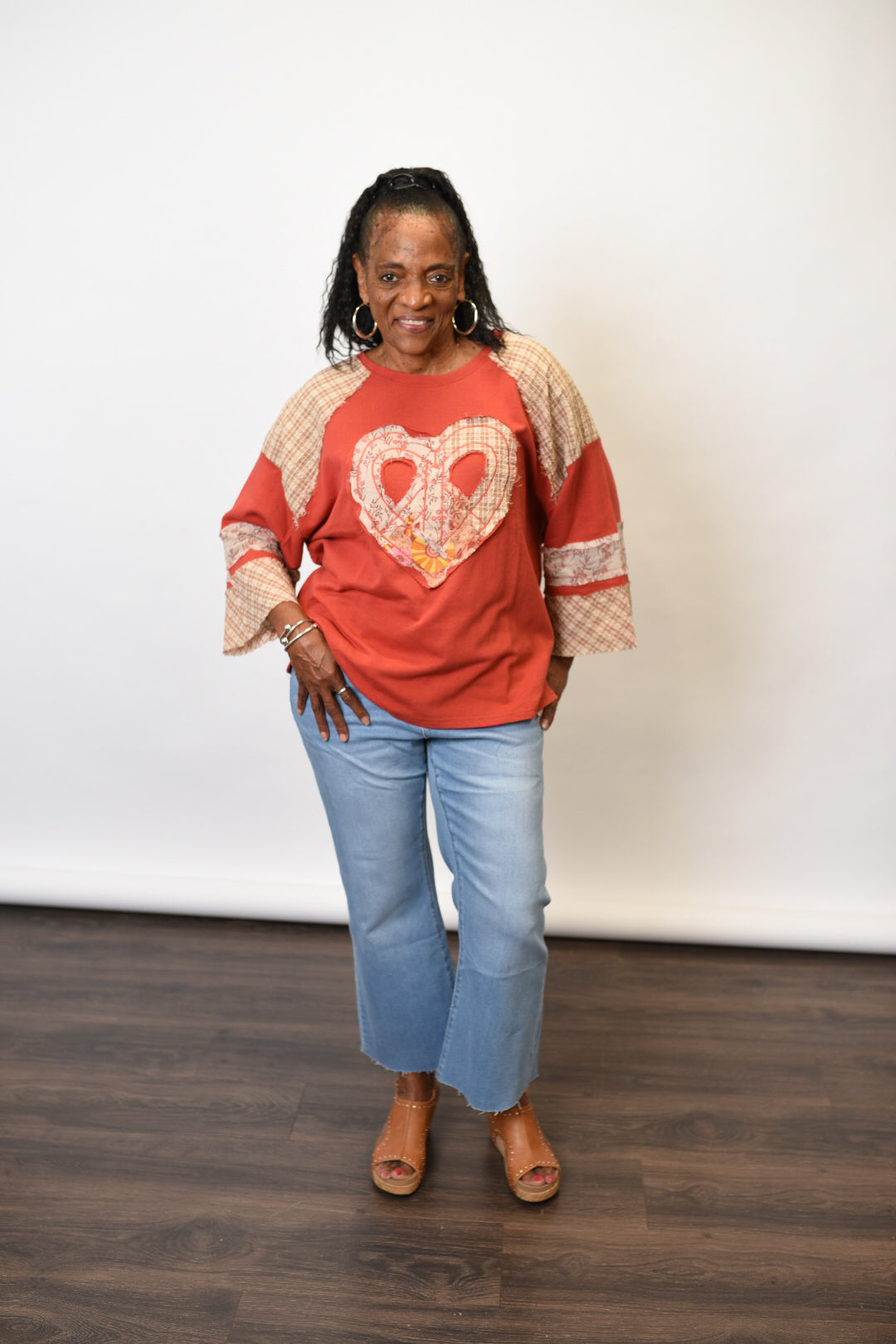 Heart Patch Pullover Top in Red