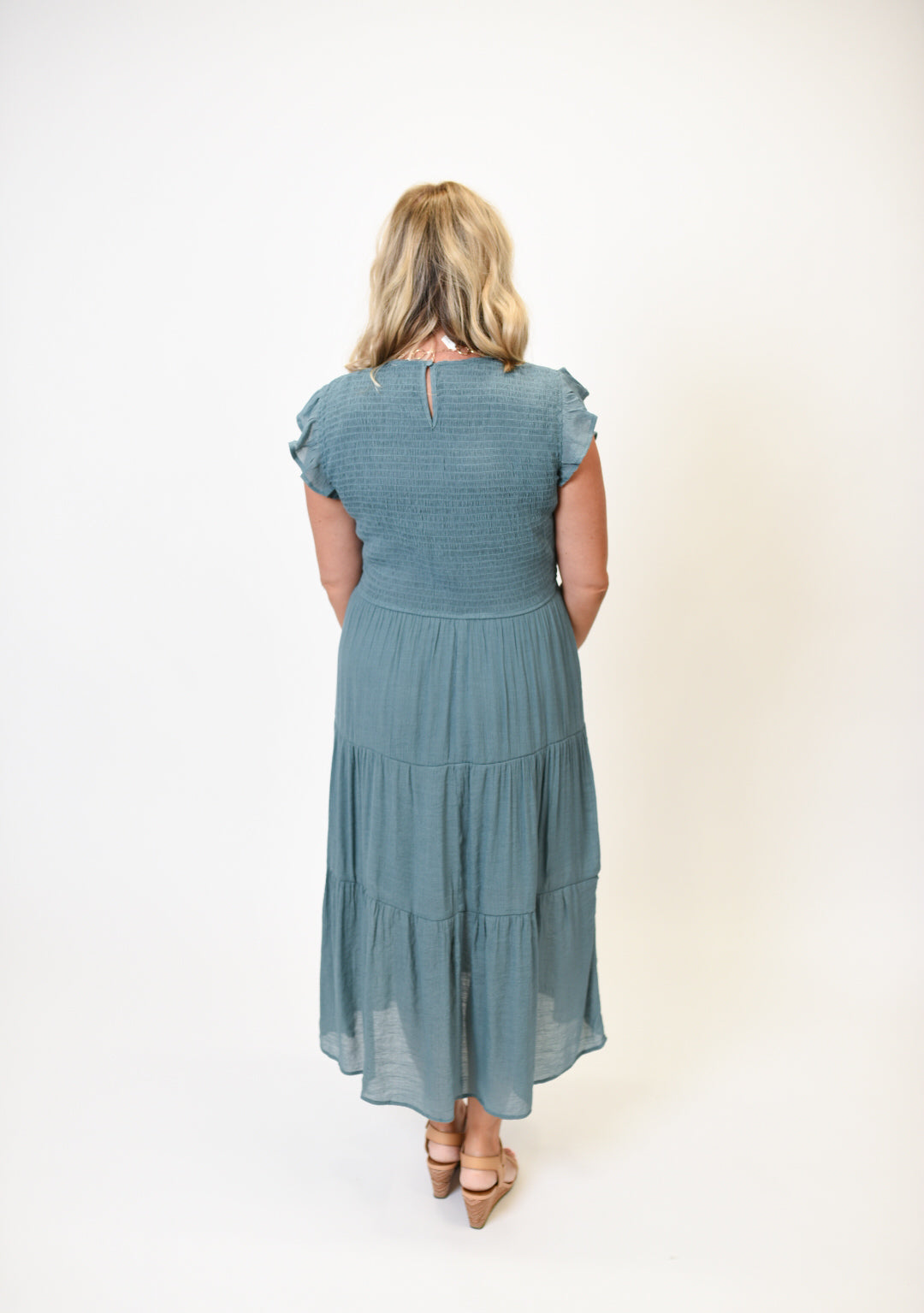 Lavish Smocked Midi Dress in Teal