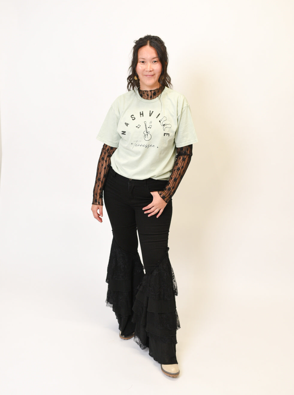 Lace Bottom Flare Jeans in Black Oli and Hali