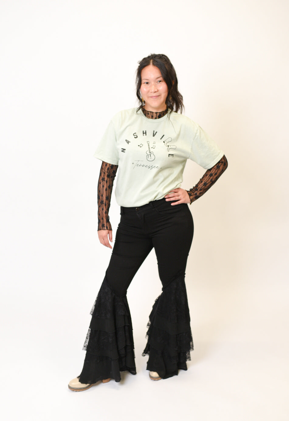 Lace Bottom Flare Jeans in Black Oli and Hali