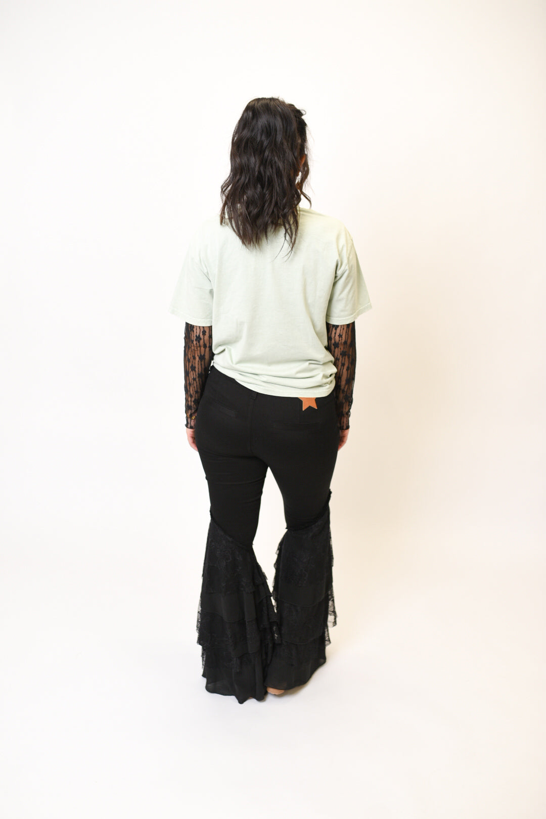 Lace Bottom Flare Jeans in Black Oli and Hali