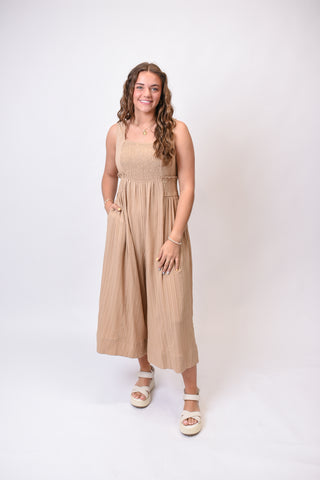 Riviera Smocked Jumpsuit in Taupe