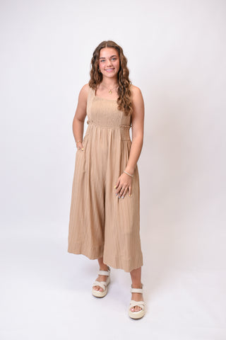Riviera Smocked Jumpsuit in Taupe