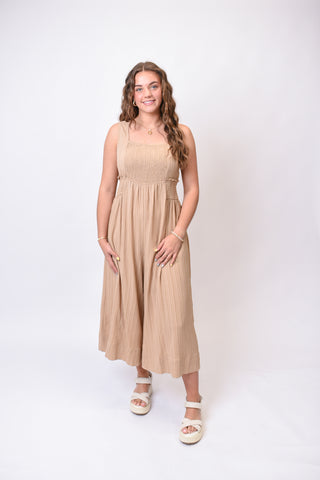 Riviera Smocked Jumpsuit in Taupe