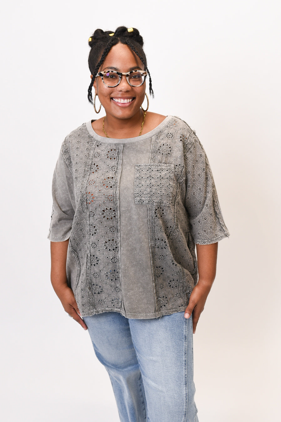 Zoe Eyelet Boho Top in  Charcoal