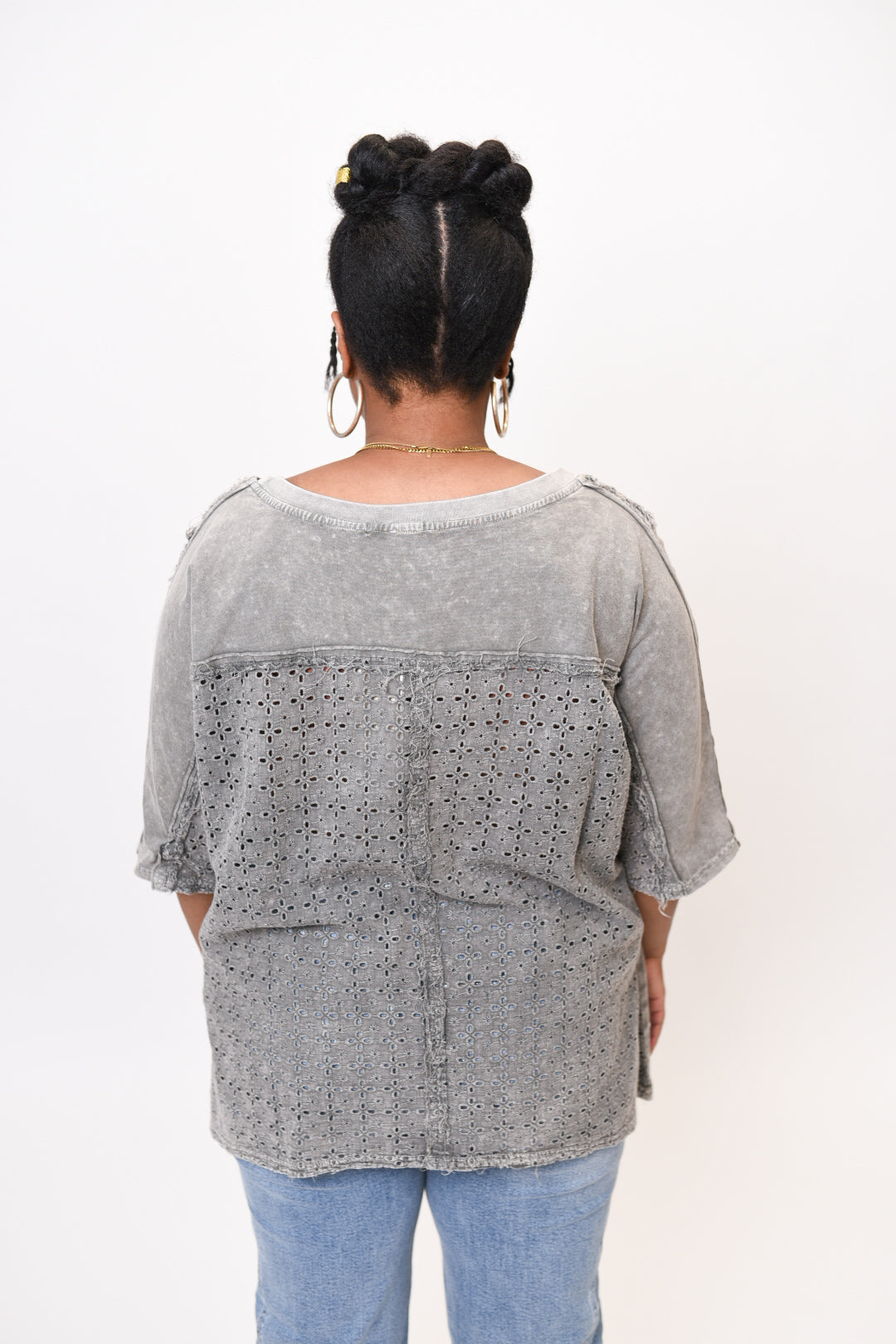 Zoe Eyelet Boho Top in  Charcoal