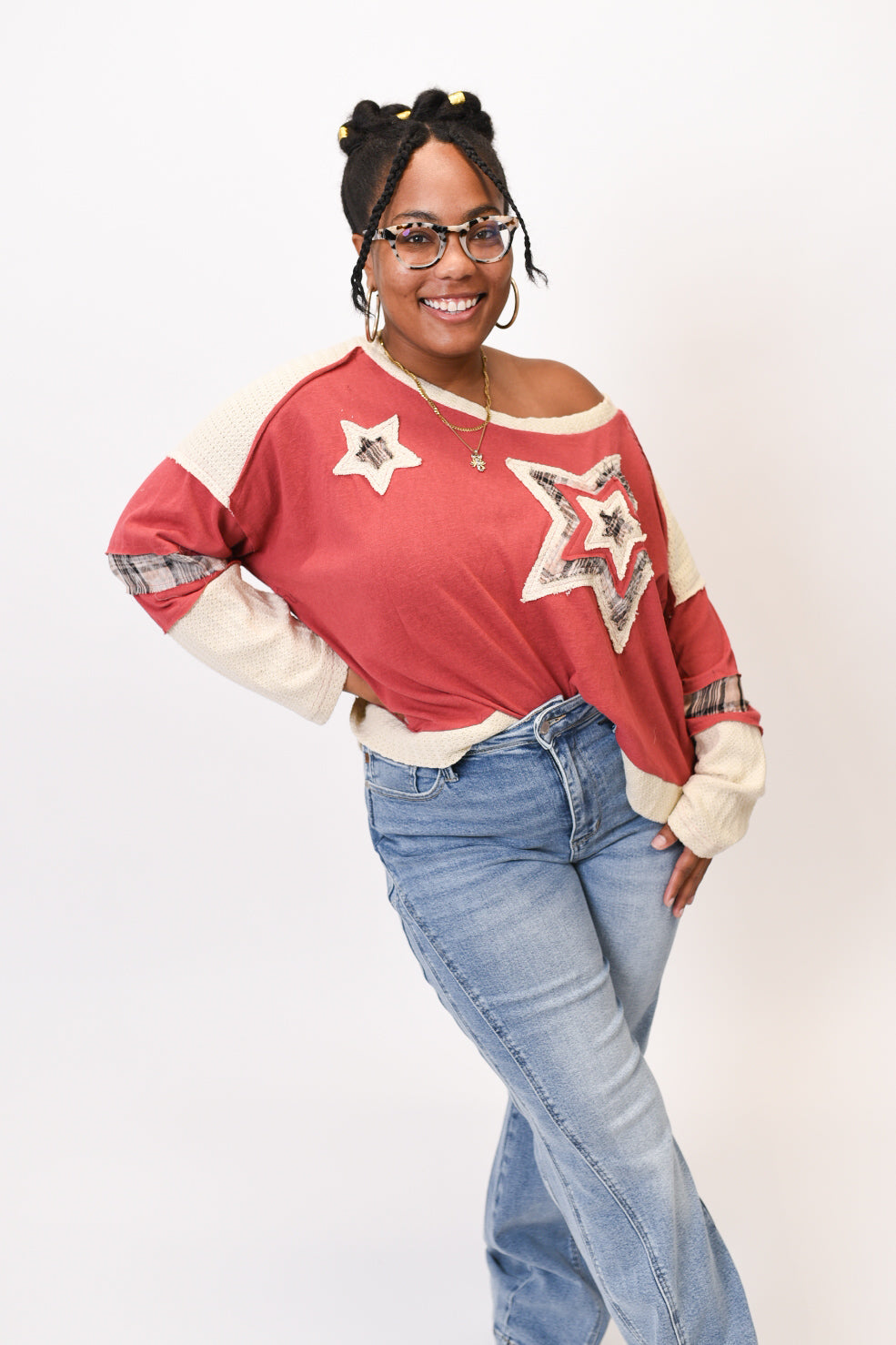 Count The Stars Contrasting Pullover in Rust