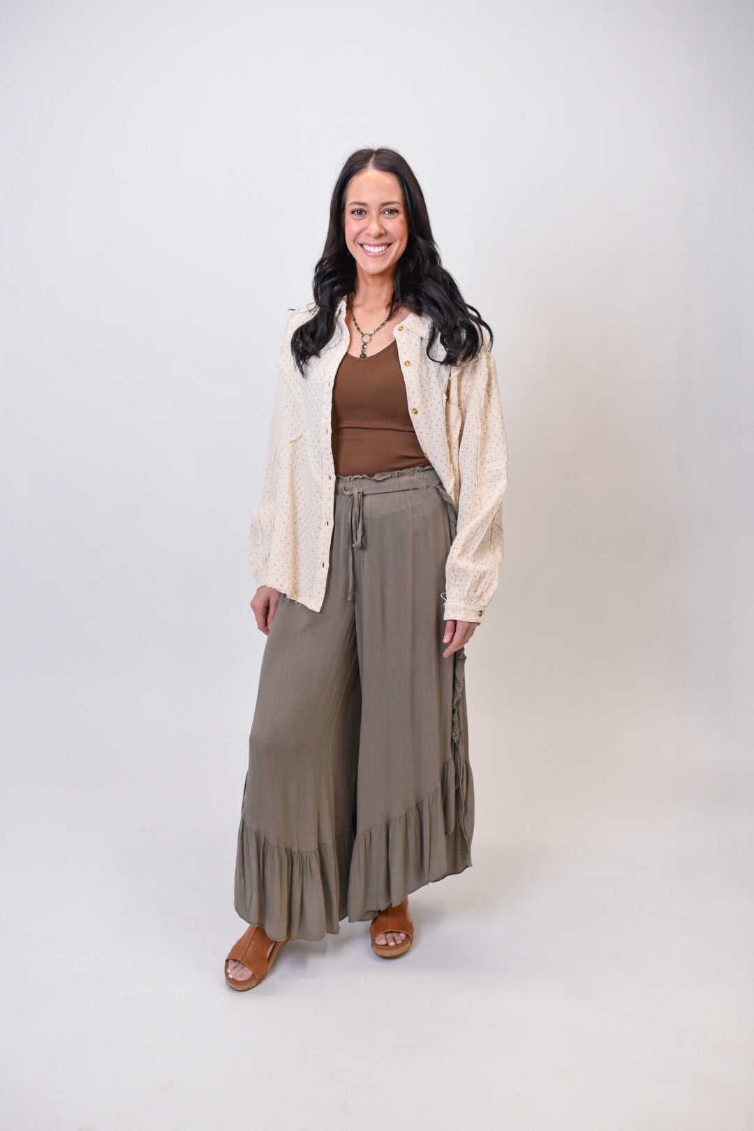 Ruffle Palazzo Pants in Olive Grey