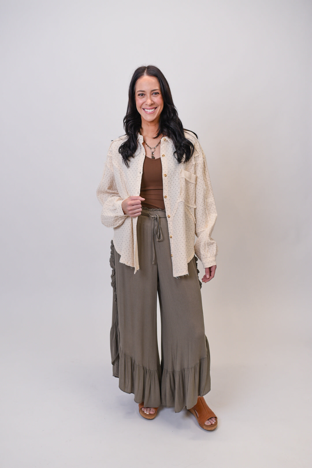 Ruffle Palazzo Pants in Olive Grey