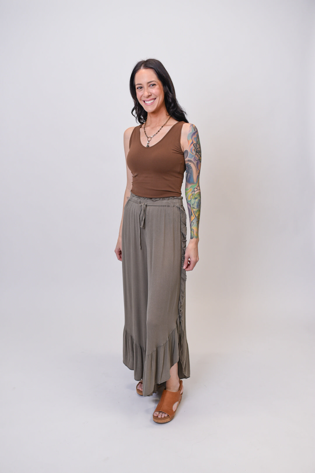 Ruffle Palazzo Pants in Olive Grey