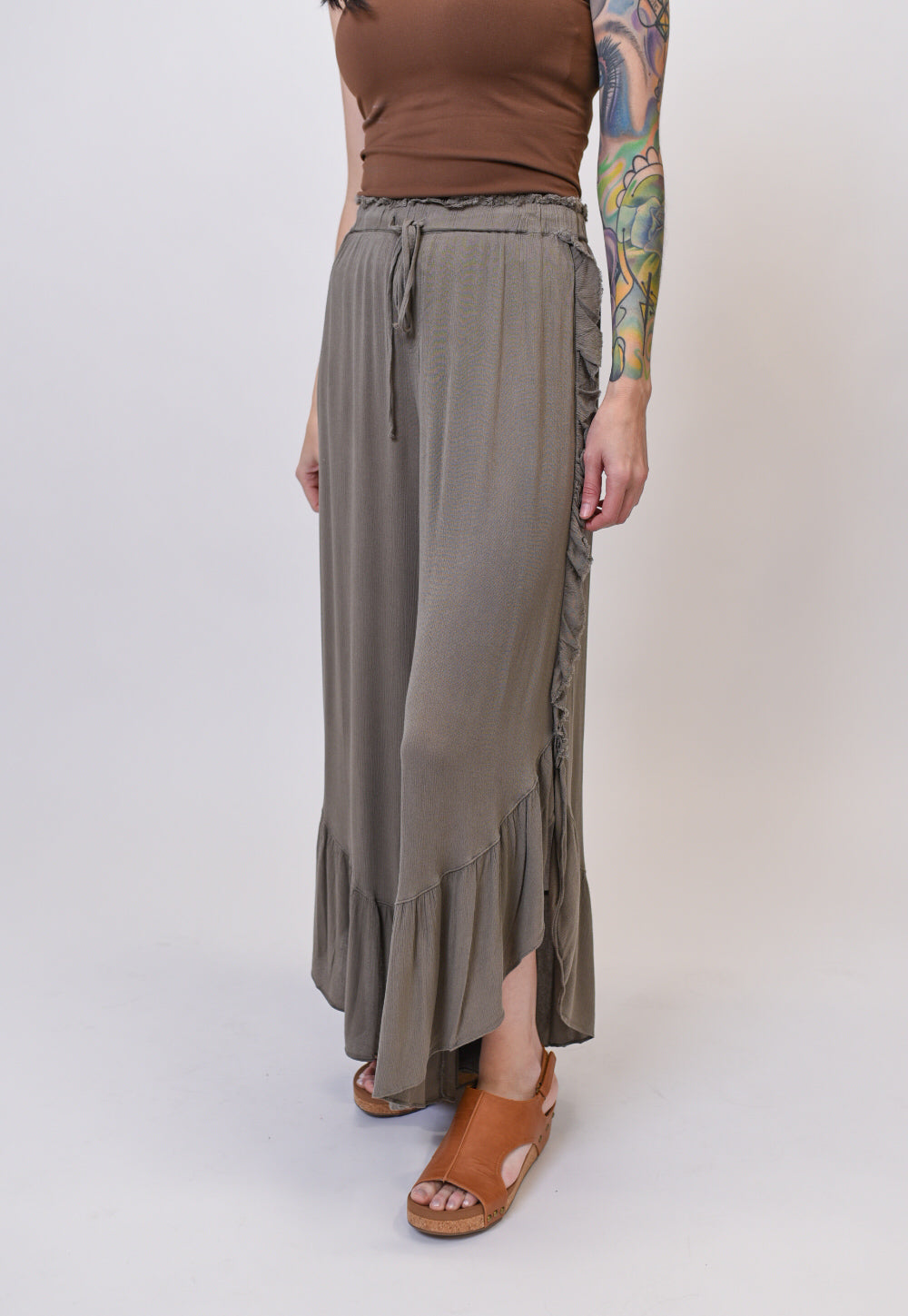 Ruffle Palazzo Pants in Olive Grey