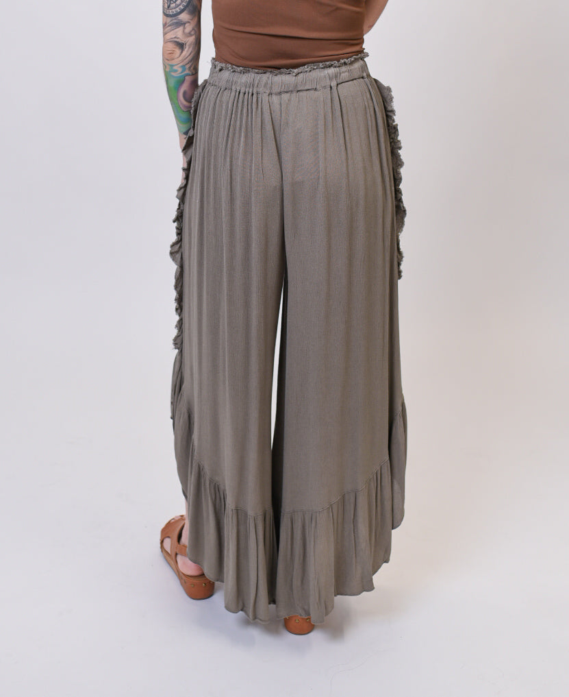 Ruffle Palazzo Pants in Olive Grey