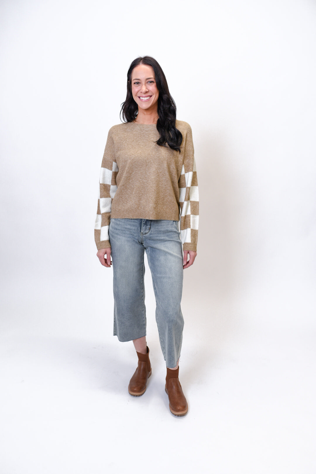 Checkered Charm Sweater in Taupe