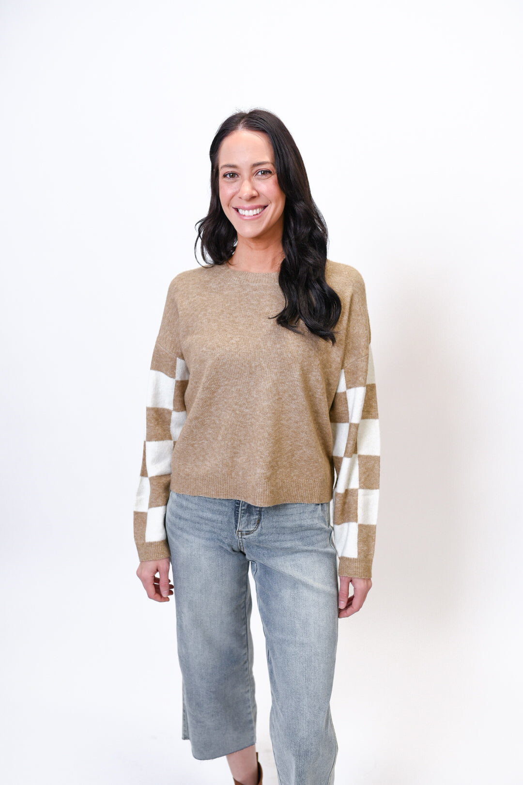 Checkered Charm Sweater in Taupe