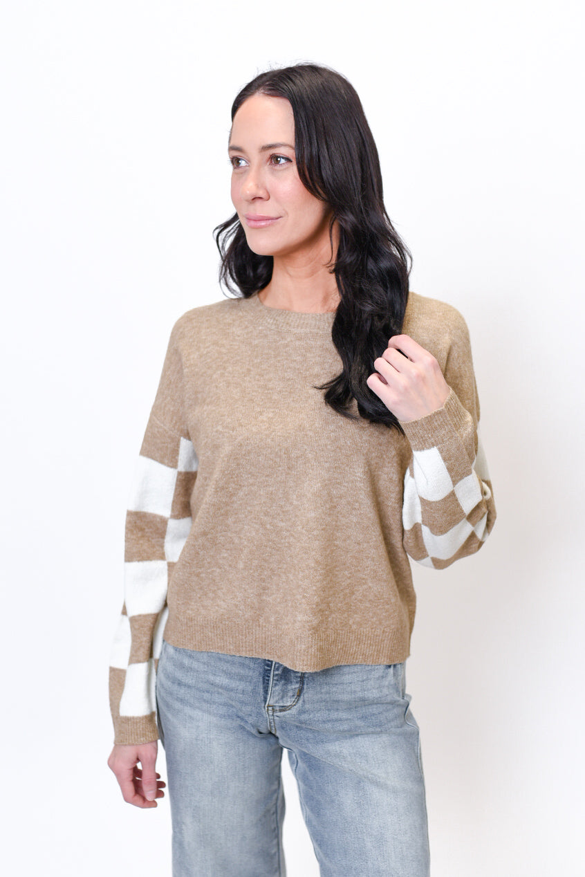 Checkered Charm Sweater in Taupe