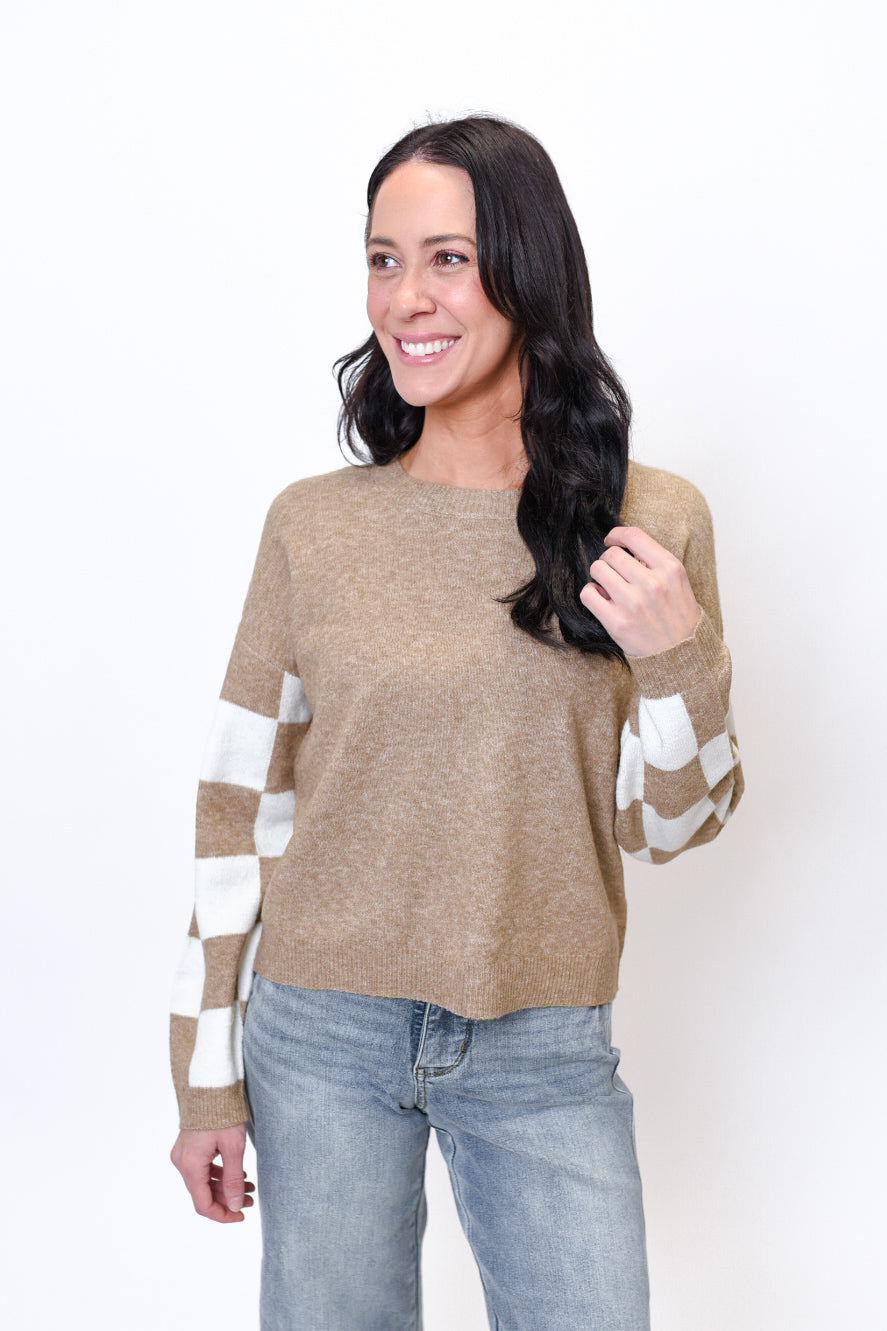 Checkered Charm Sweater in Taupe