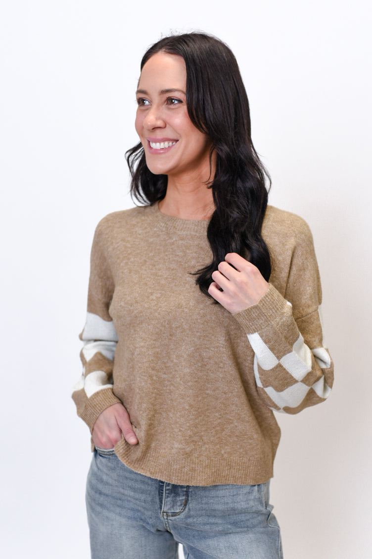 Checkered Charm Sweater in Taupe