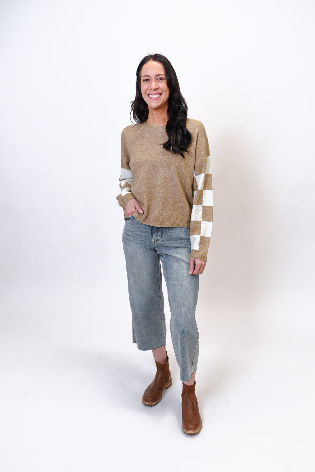 Checkered Charm Sweater in Taupe