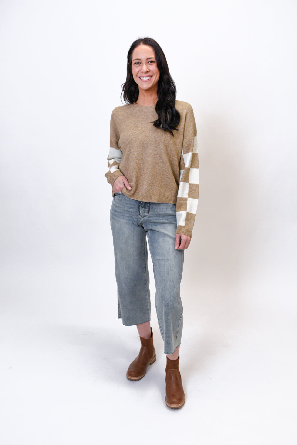 Checkered Charm Sweater in Taupe