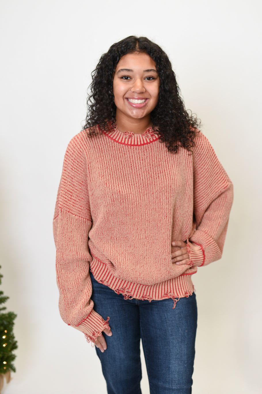 Retro Distress Sweater in Red