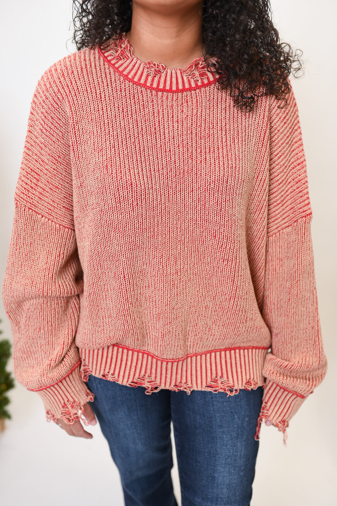 Retro Distress Sweater in Red