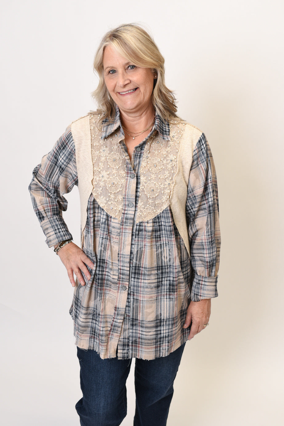 Rustic Glam Plaid Button Up Top