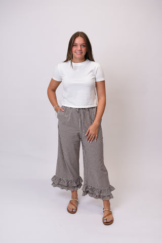 Expresso Gingham Ruffled Crop Pants