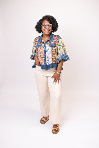 Patches Cropped Denim Jacket in Latte