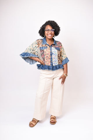 Patches Cropped Denim Jacket in Latte