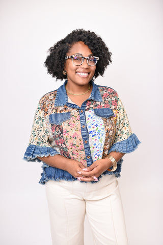 Patches Cropped Denim Jacket in Latte