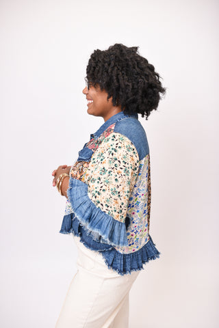 Patches Cropped Denim Jacket in Latte