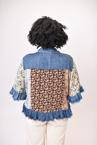 Patches Cropped Denim Jacket in Latte