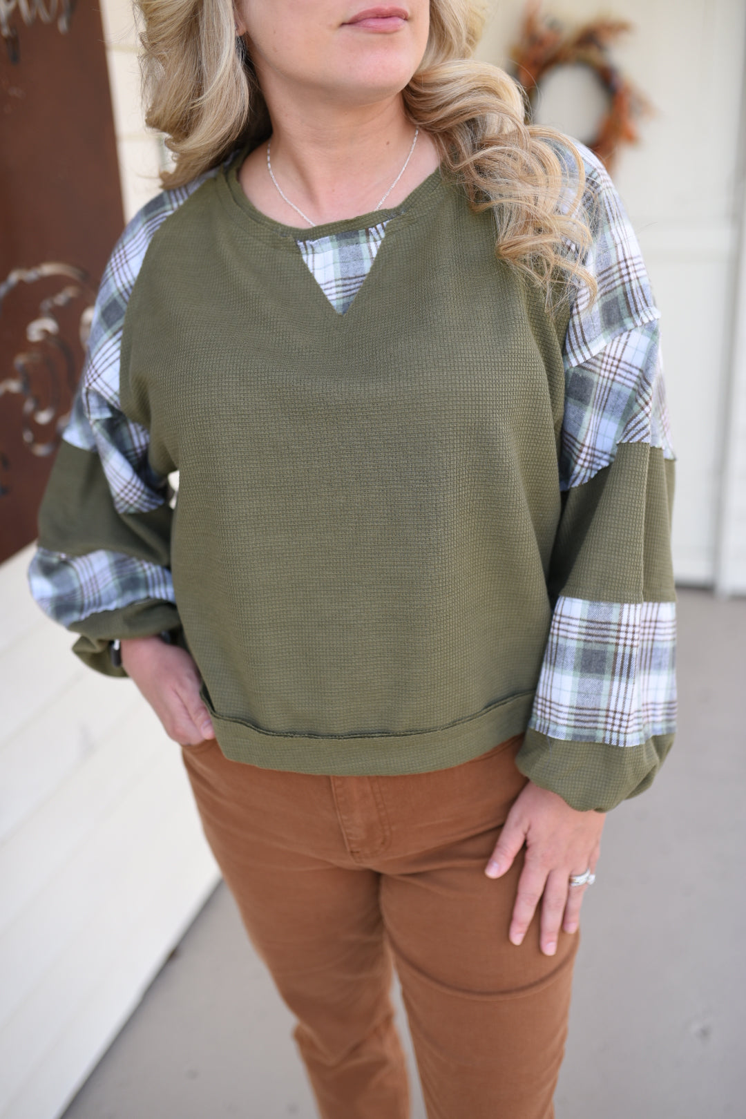 Plaid For Me Waffle Knit Pullover