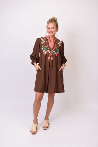 Storybook Floral Mini Dress in Brown