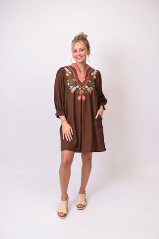 Storybook Floral Mini Dress in Brown