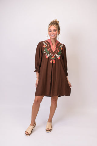 Storybook Floral Mini Dress in Brown