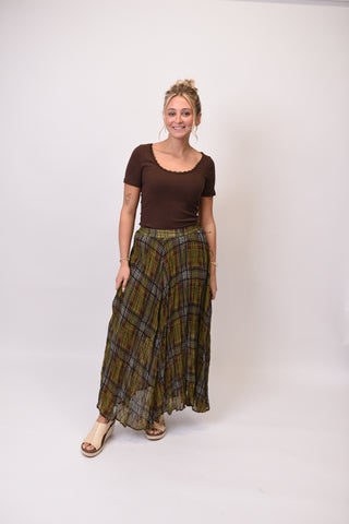 Harvest Plaid Crinkle Chiffon Maxi Skirt in Olive