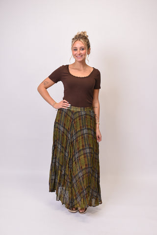 Harvest Plaid Crinkle Chiffon Maxi Skirt in Olive