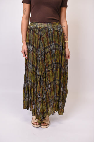 Harvest Plaid Crinkle Chiffon Maxi Skirt in Olive