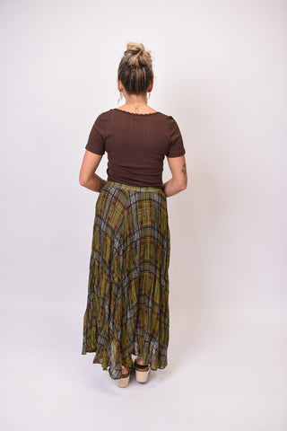 Harvest Plaid Crinkle Chiffon Maxi Skirt in Olive