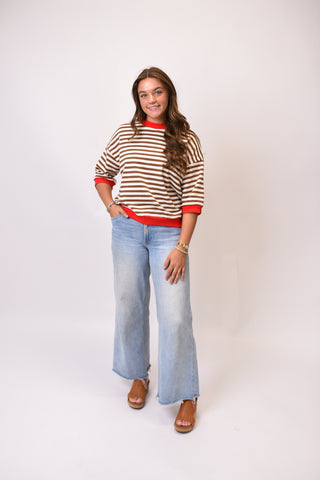 Retro Stripe Crewneck Tee in Brown/Red