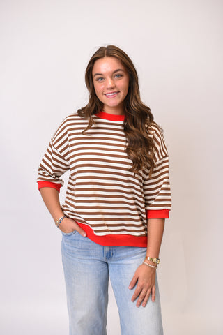 Retro Stripe Crewneck Tee in Brown/Red