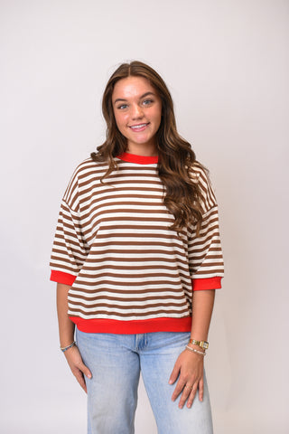 Retro Stripe Crewneck Tee in Brown/Red