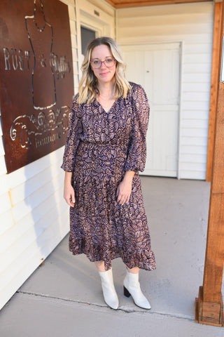 Metallic Plum Paisley Tiered Dress