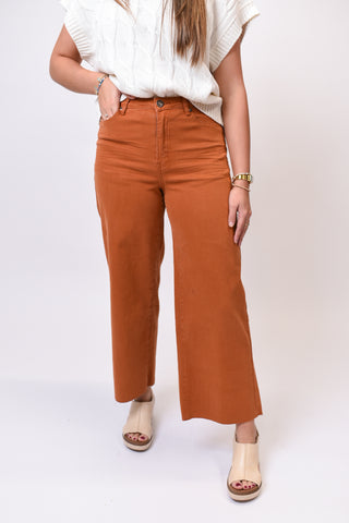 A model wearing a pair of rust-orange cropped wide-leg jeans with a white knit top and beige platform sandals, standing against a plain white studio background.