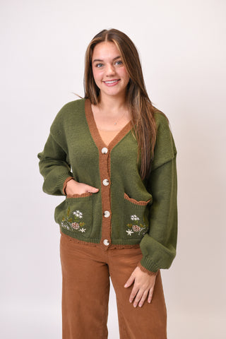Pinecone Meadow Embroidered Cardigan in Forest Green