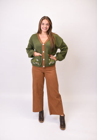 Pinecone Meadow Embroidered Cardigan in Forest Green