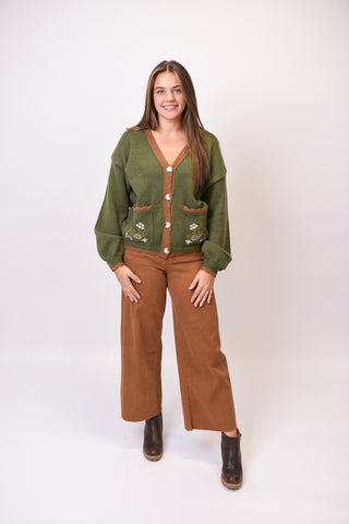 Pinecone Meadow Embroidered Cardigan in Forest Green