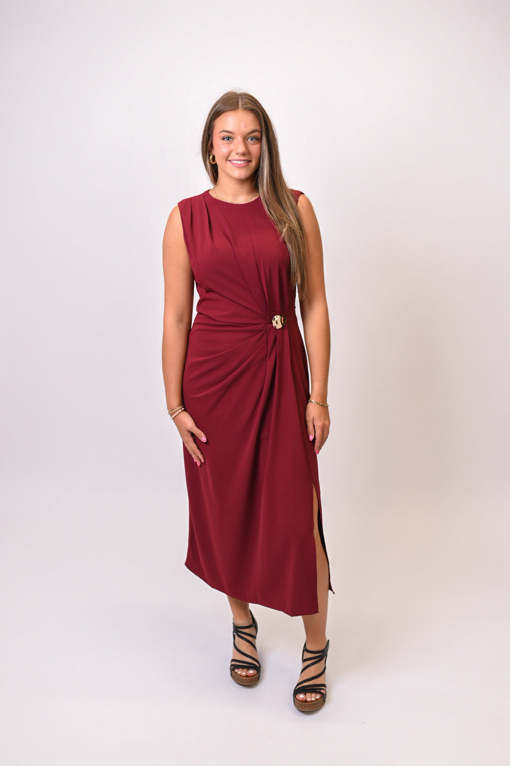Sip And Sway Midi Dress in Burgundy